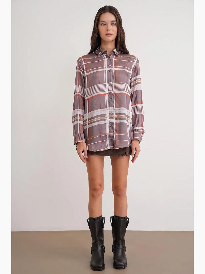 Camicia in raso a quadri con bottoni mixray Tortora - Kiabi