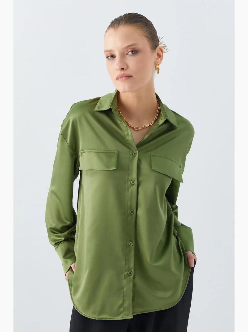 Camicia in raso abbottonata con dettaglio tasca mixray Cachi - Kiabi