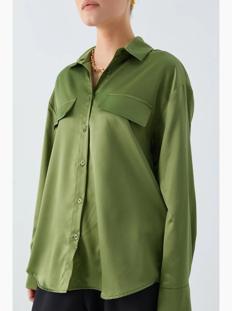 Camicia in raso abbottonata con dettaglio tasca mixray Cachi - Kiabi