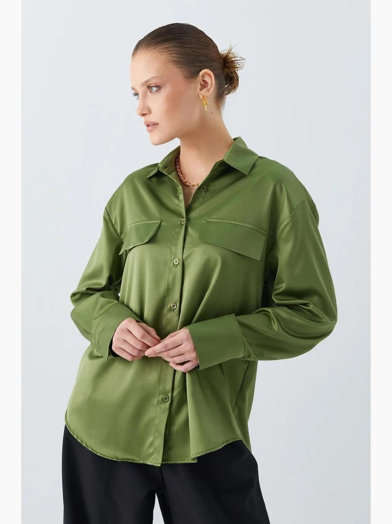 Camicia in raso abbottonata con dettaglio tasca mixray Cachi - Kiabi