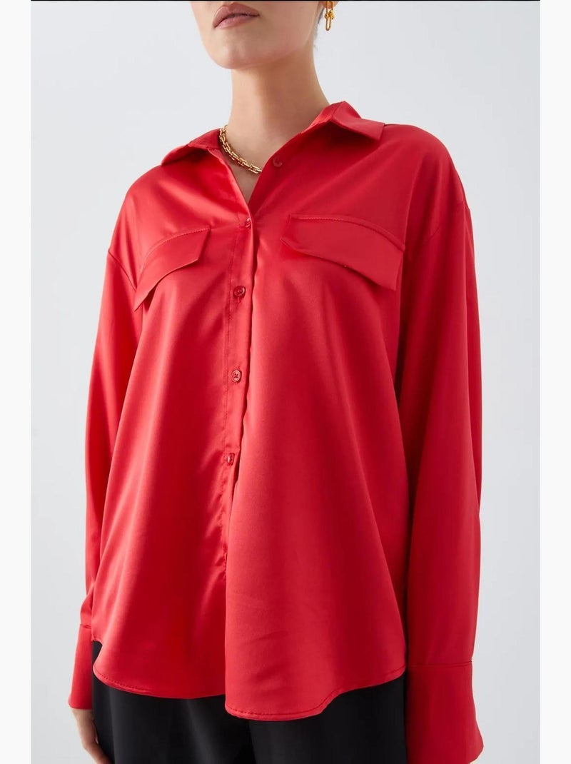 Camicia in raso abbottonata con dettaglio tasca mixray Rosso - Kiabi