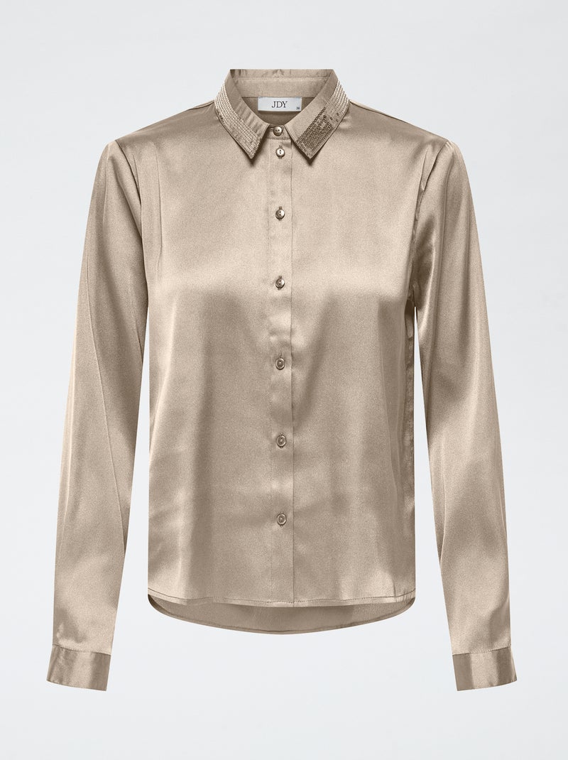 Camicia Top Crop Raso Lucido Da Donna &ndash; Collo A V, Maniche Lunghe, Da Legare &ndash; Koucla