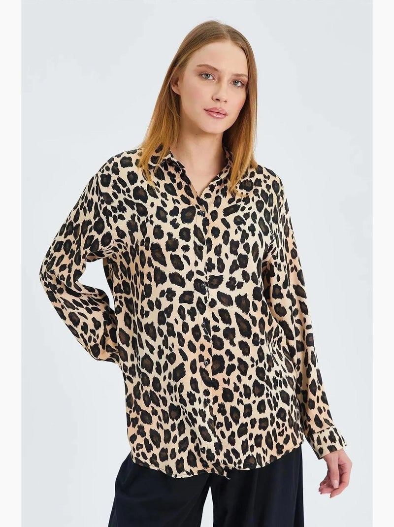 Camicia in raso con stampa leopardata mixray Beige argilla - Kiabi
