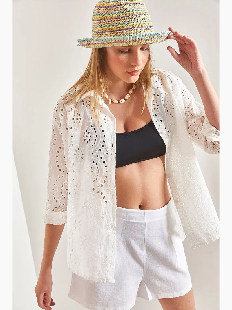 Camicia in tessuto intrecciato in pizzo ricamato lucci Bianco - Kiabi