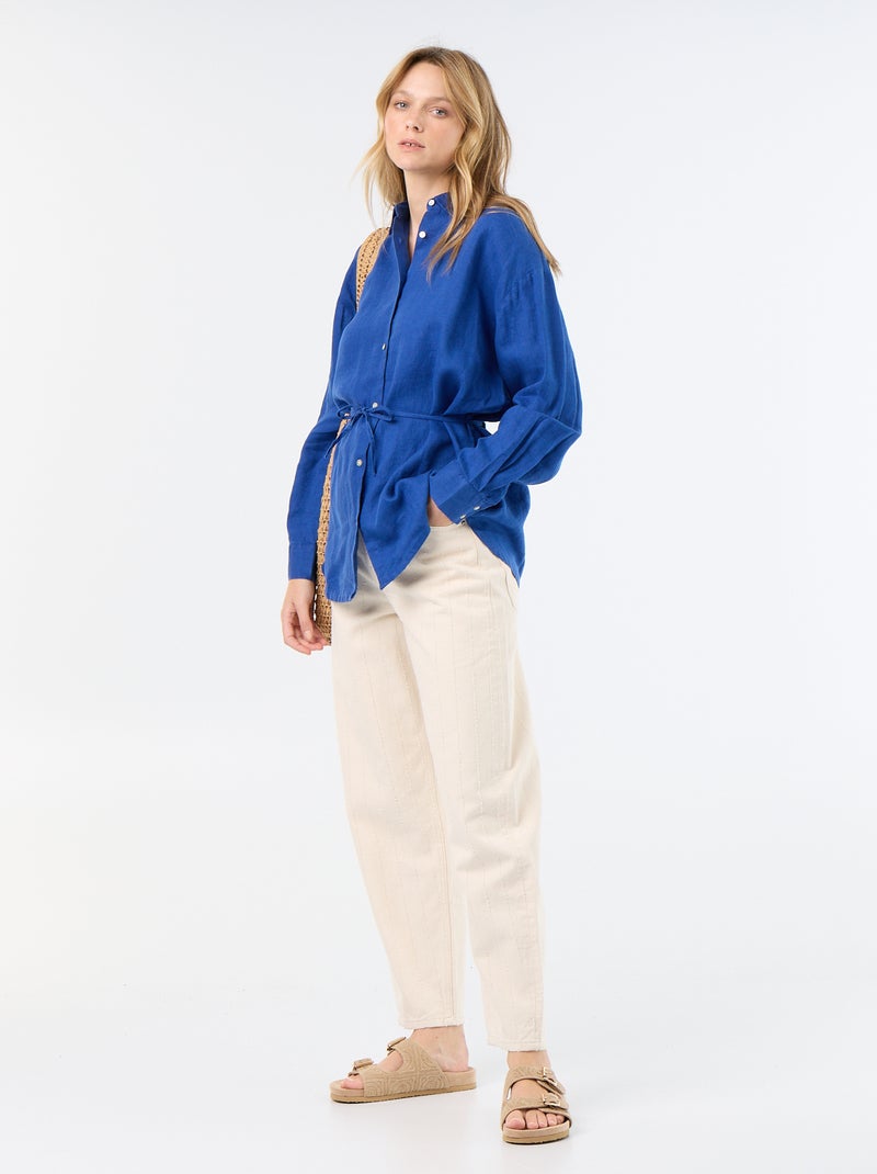 Camicia lunga a tinta unita in lino Blu - Kiabi