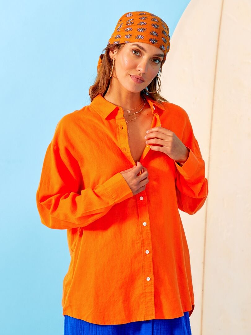 Camicia lunga in lino tinta unita arancio - Kiabi