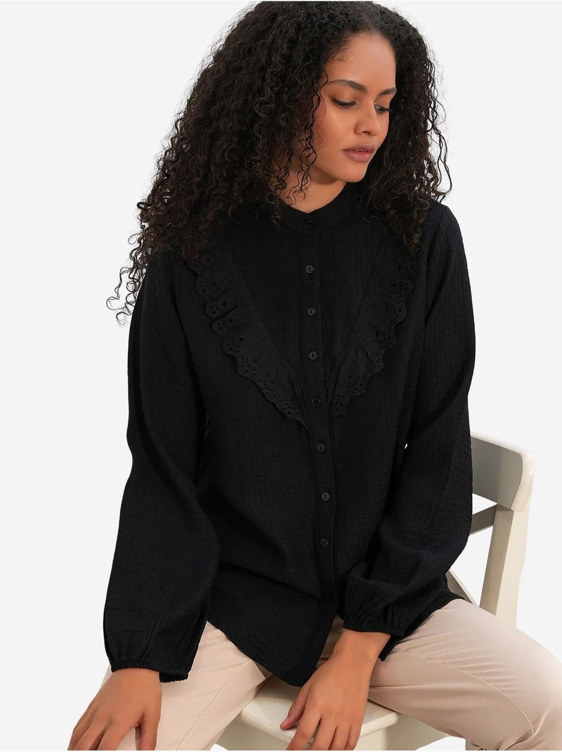 Camicia lunga in tessuto con colletto alla coreana bdart Nero - Kiabi
