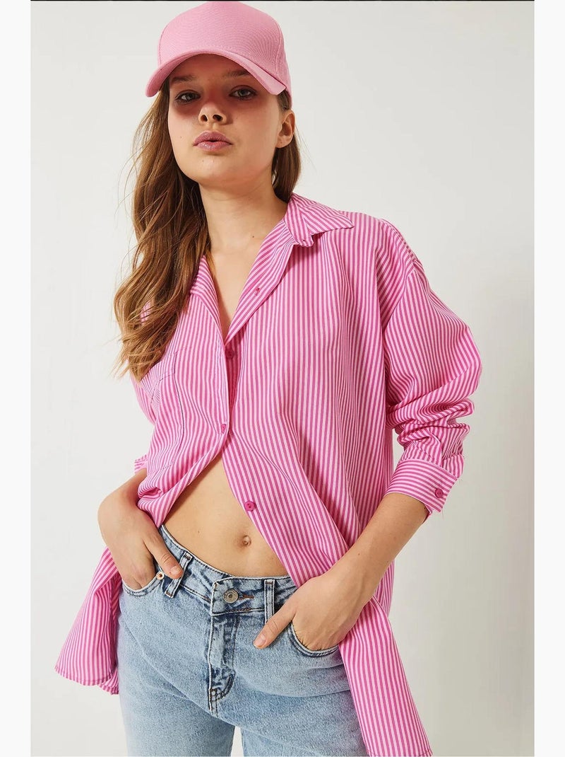 Camicia overshirt a righe con bottoni e spacco lucci Rosa chiaro - Kiabi
