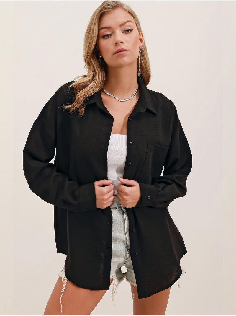 Camicia overshirt in misto lino con chiusura a bottoni bdart Nero - Kiabi