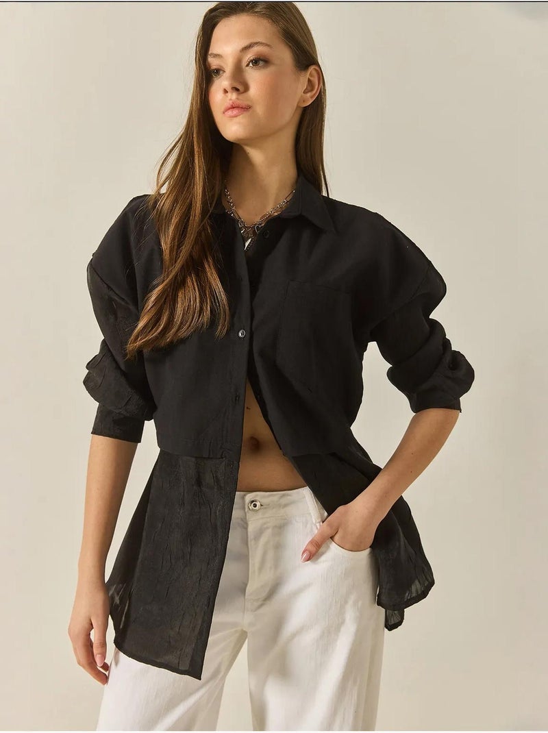 Camicia oversize con dettagli in tulle e organza lucci Nero - Kiabi
