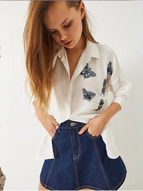 Camicia oversize con ricamo di perline e farfalle aerobin lucci - Kiabi