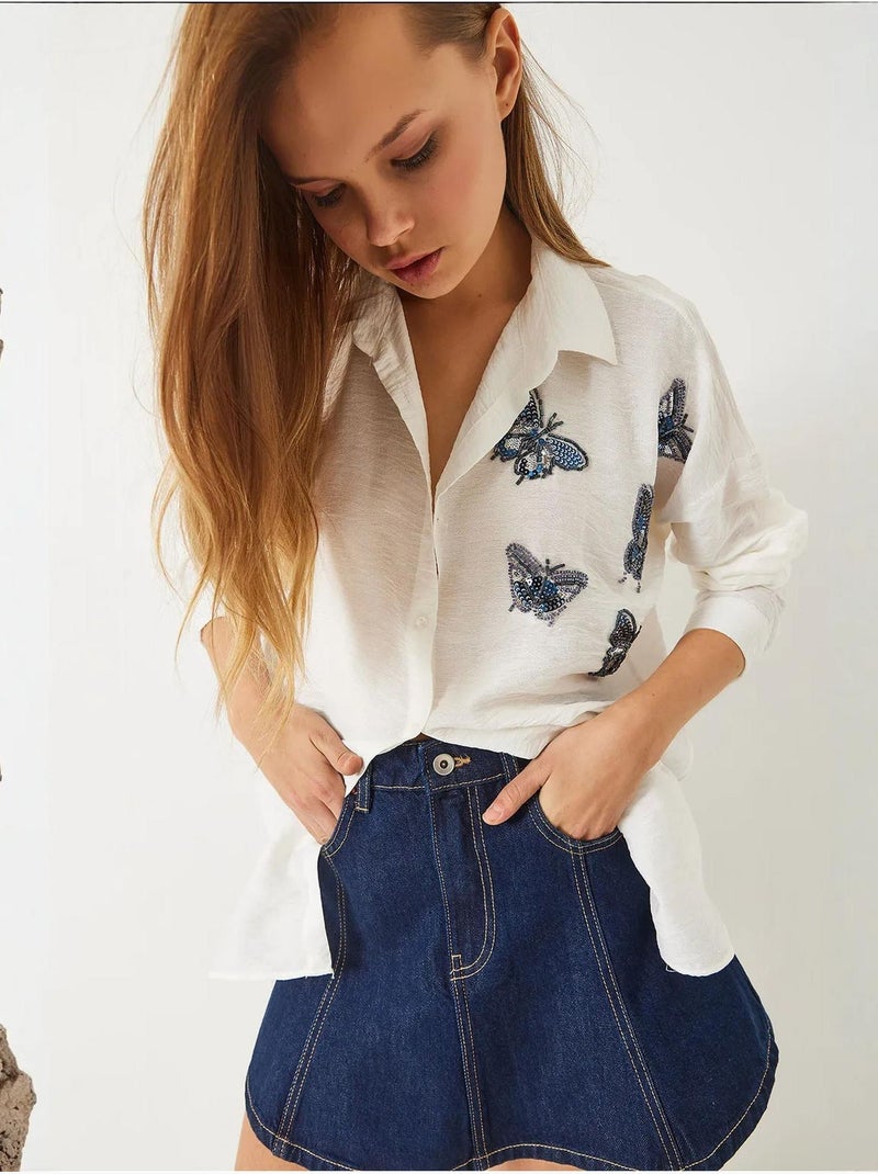 Camicia oversize con ricamo di perline e farfalle aerobin lucci Bianco - Kiabi