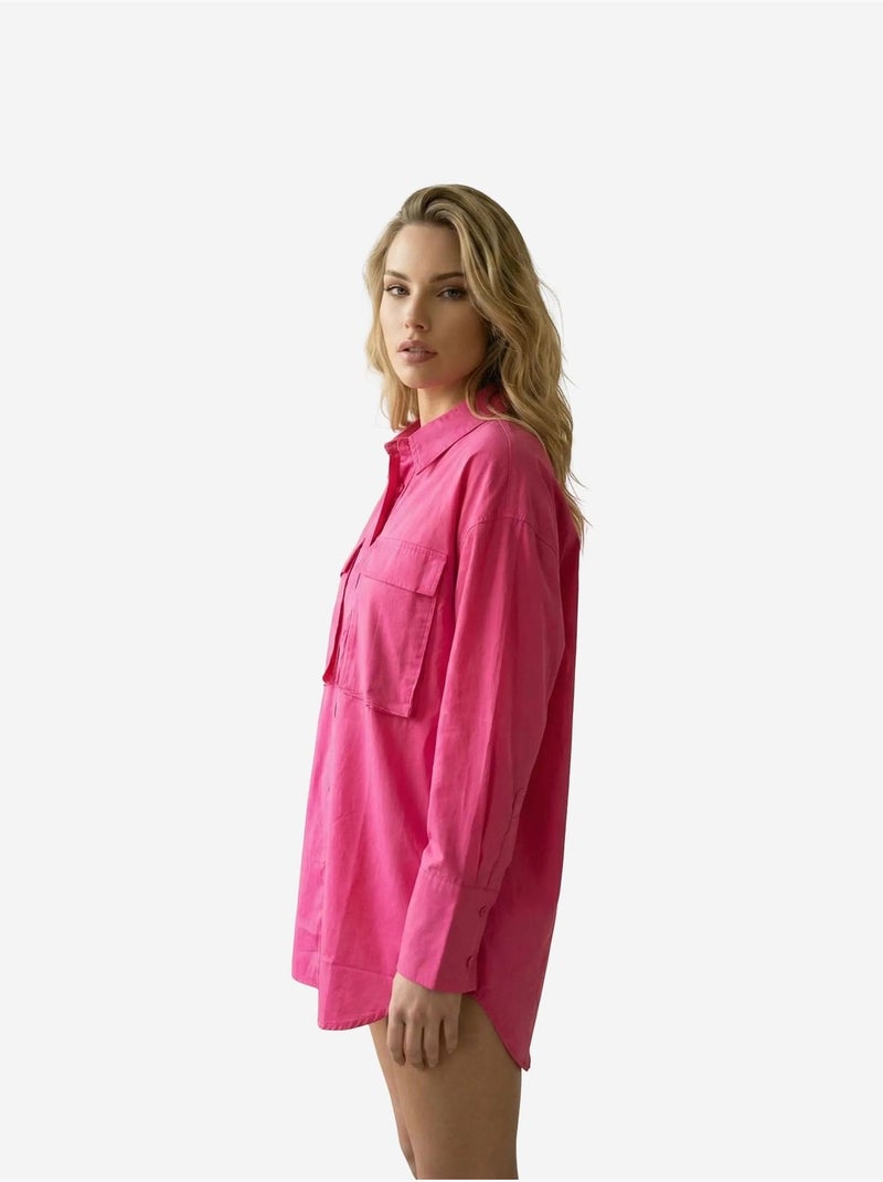 Camicia oversize in cotone a maniche lunghe con tasca my fashion Magenta - Kiabi