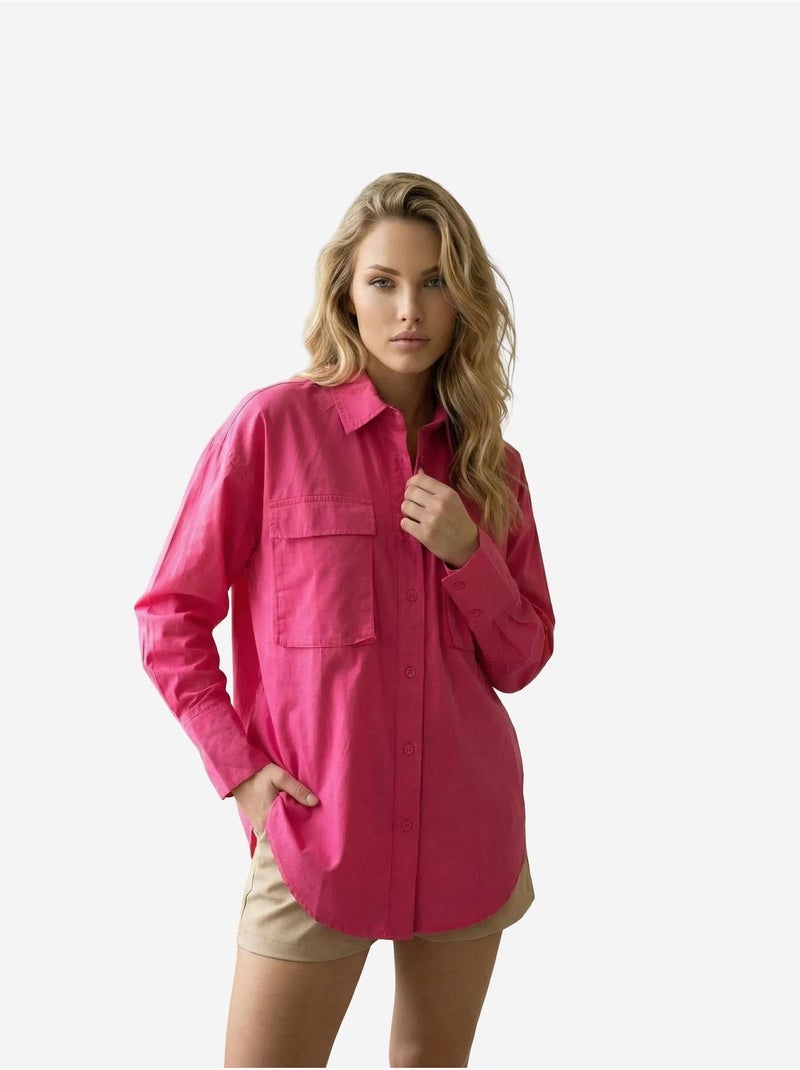 Camicia oversize in cotone a maniche lunghe con tasca my fashion Magenta - Kiabi