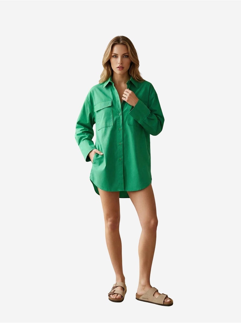Camicia oversize in cotone a maniche lunghe con tasca my fashion Verde smeraldo - Kiabi
