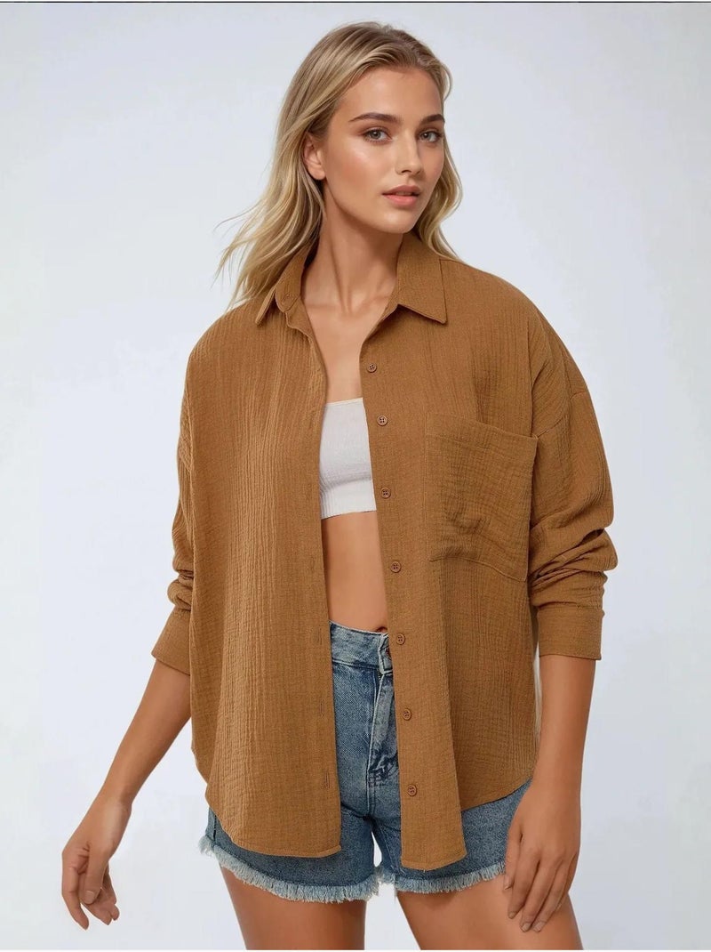 Camicia oversize in cotone con dettaglio tasca hiccup Marrone - Kiabi