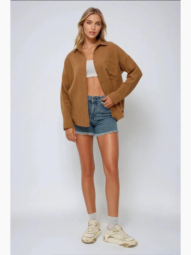 Camicia oversize in cotone con dettaglio tasca hiccup Marrone - Kiabi