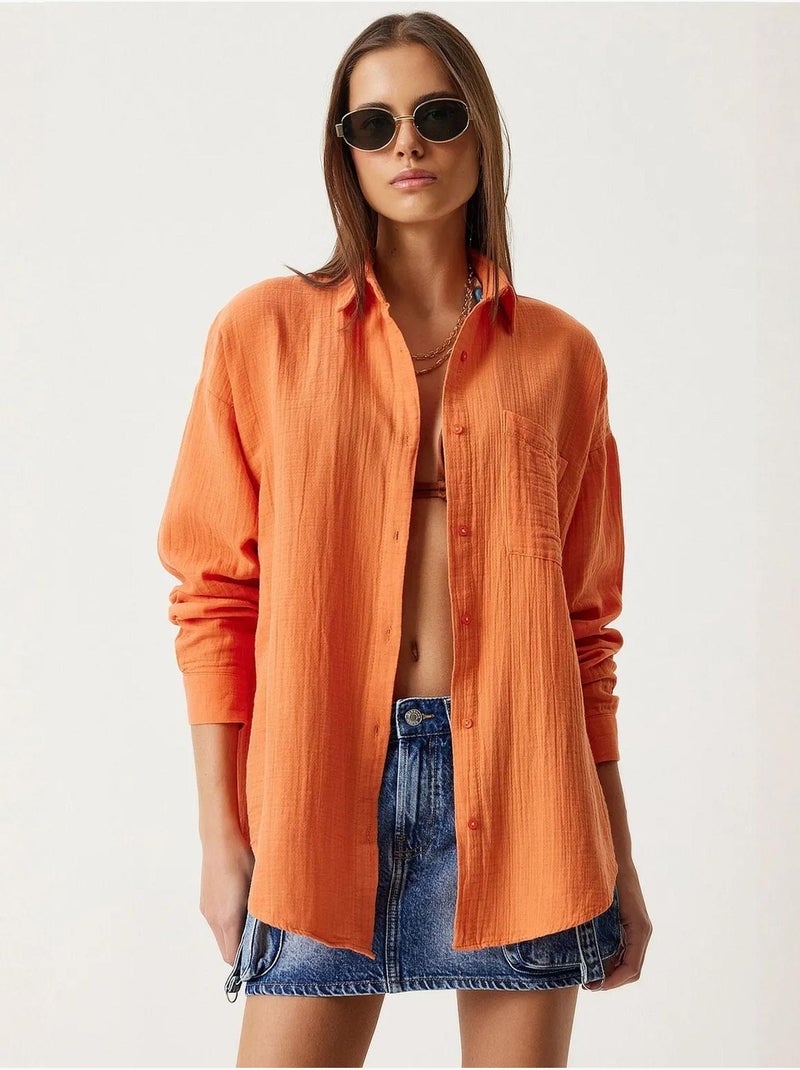 Camicia oversize in cotone testurizzato con taschino istanbul Arancione - Kiabi
