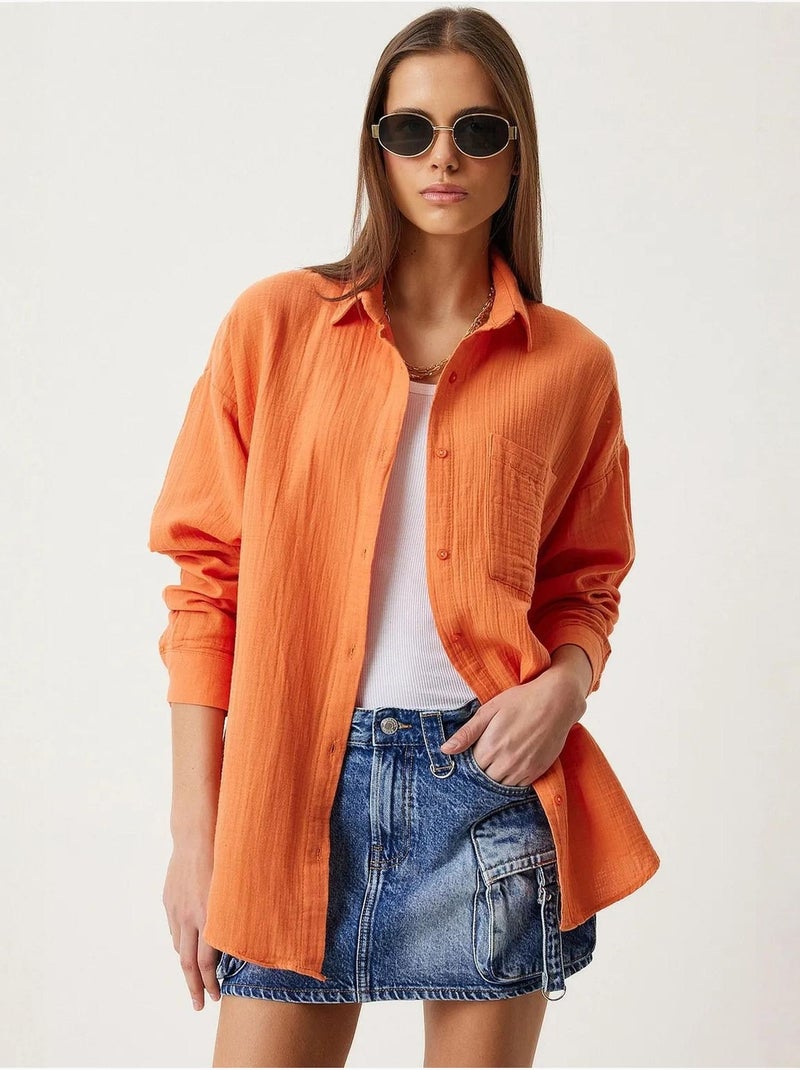 Camicia oversize in cotone testurizzato con taschino istanbul Arancione - Kiabi