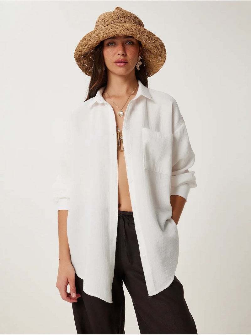 Camicia oversize in cotone testurizzato con taschino istanbul Avorio - Kiabi