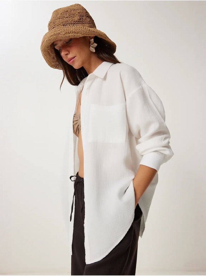 Camicia oversize in cotone testurizzato con taschino istanbul Avorio - Kiabi