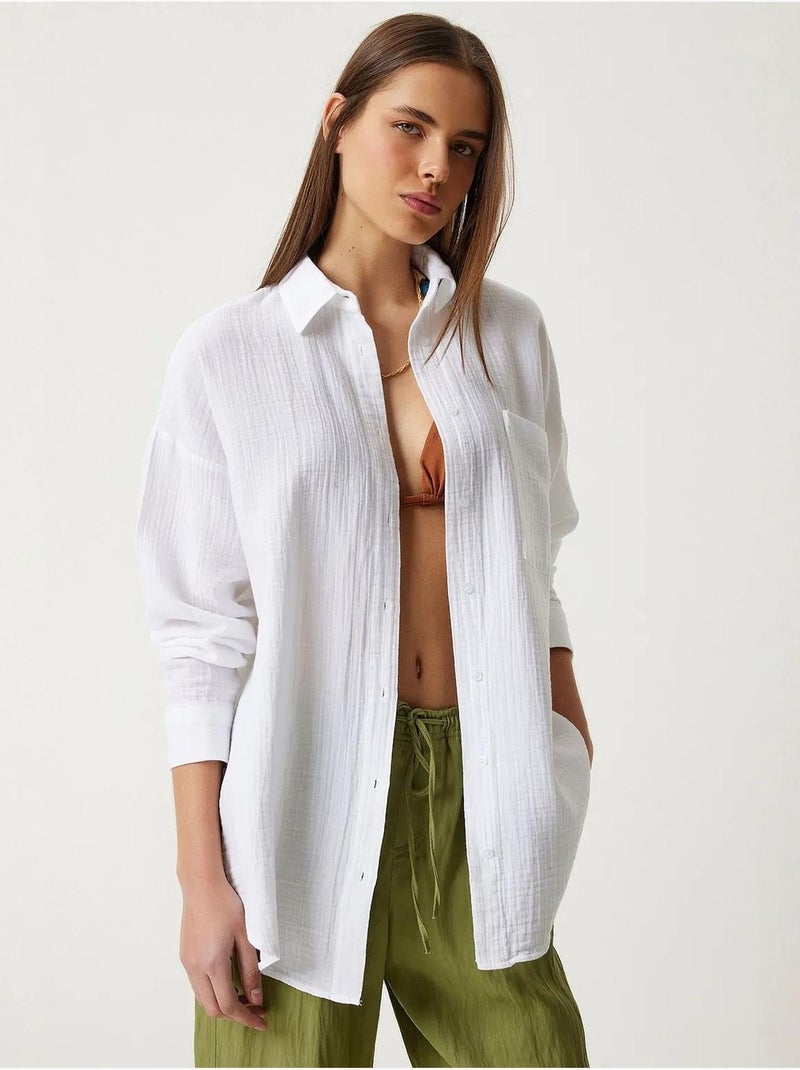 Camicia oversize in cotone testurizzato con taschino istanbul Bianco - Kiabi