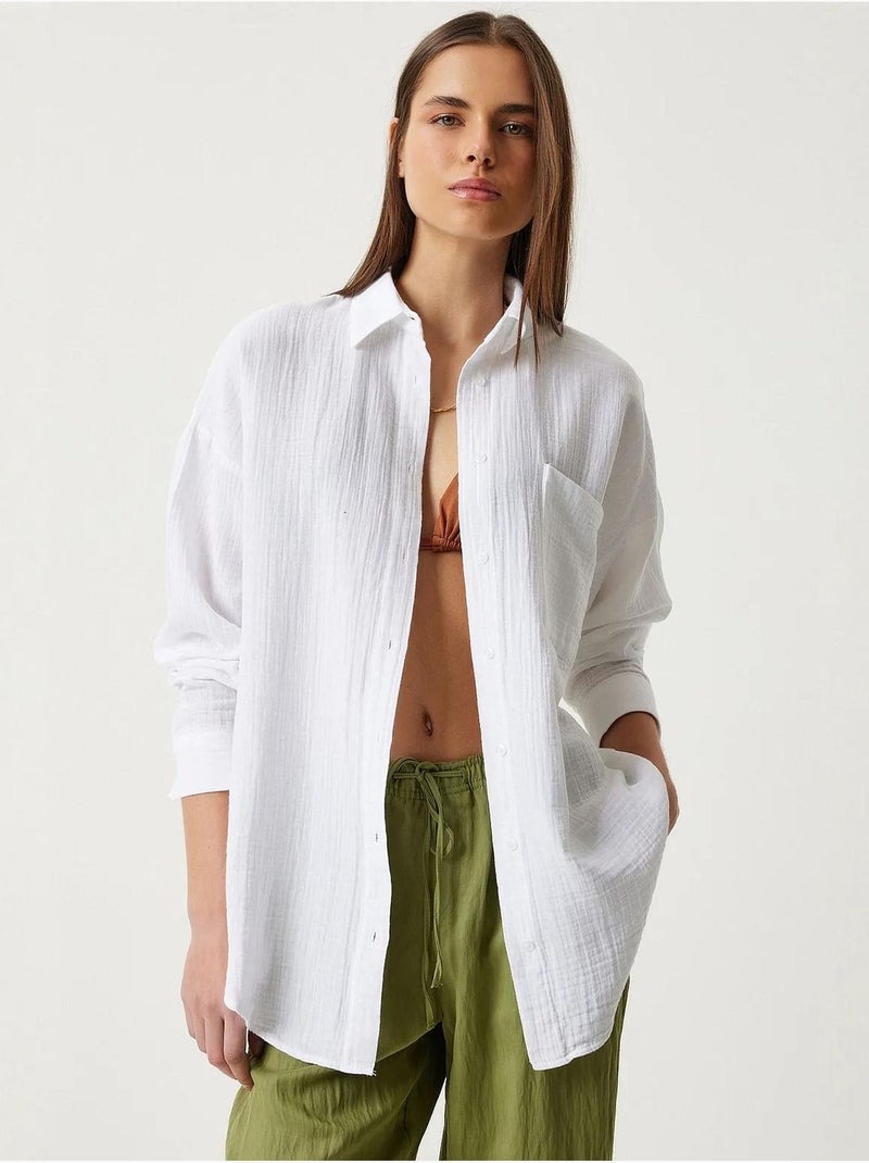 Camicia oversize in cotone testurizzato con taschino istanbul Bianco - Kiabi