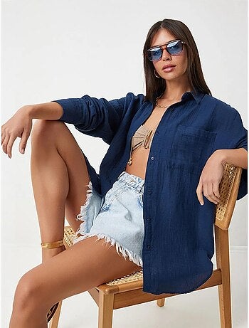Camicia oversize in cotone testurizzato con taschino istanbul