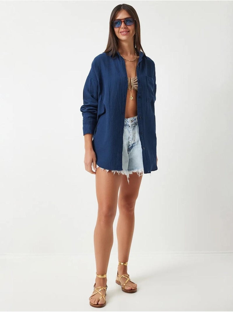 Camicia oversize in cotone testurizzato con taschino istanbul Blu marino - Kiabi
