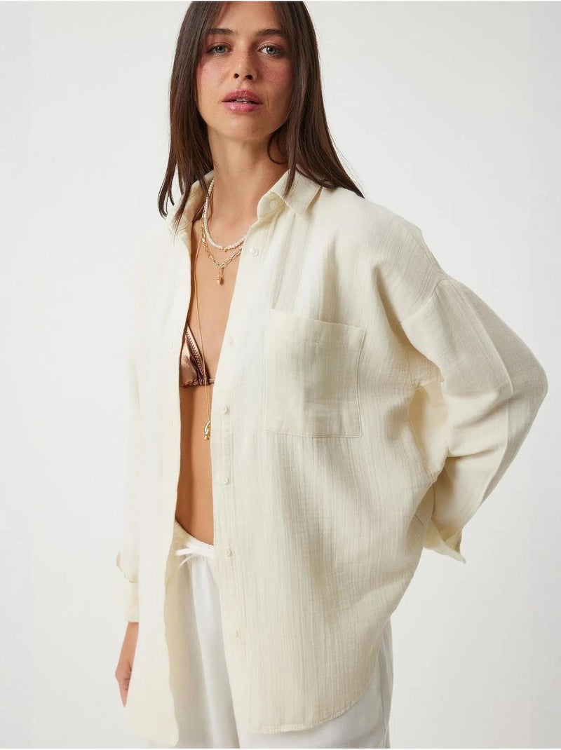 Camicia oversize in cotone testurizzato con taschino istanbul Crema - Kiabi