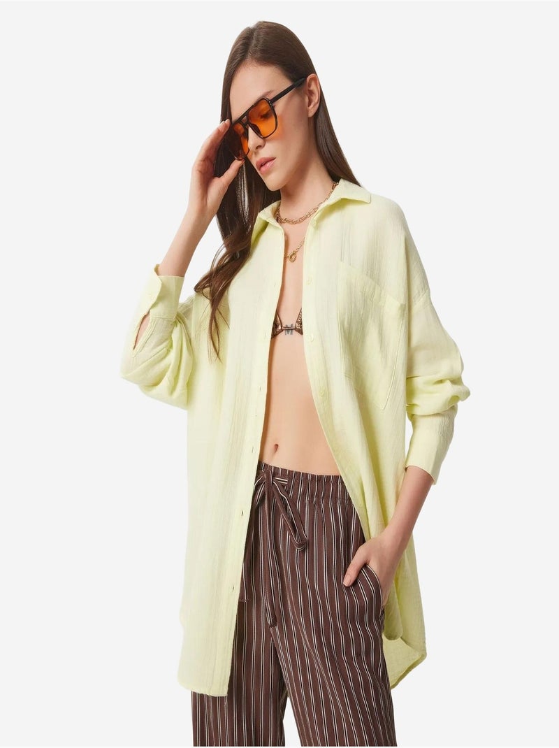 Camicia oversize in cotone testurizzato con taschino istanbul Giallo limone - Kiabi