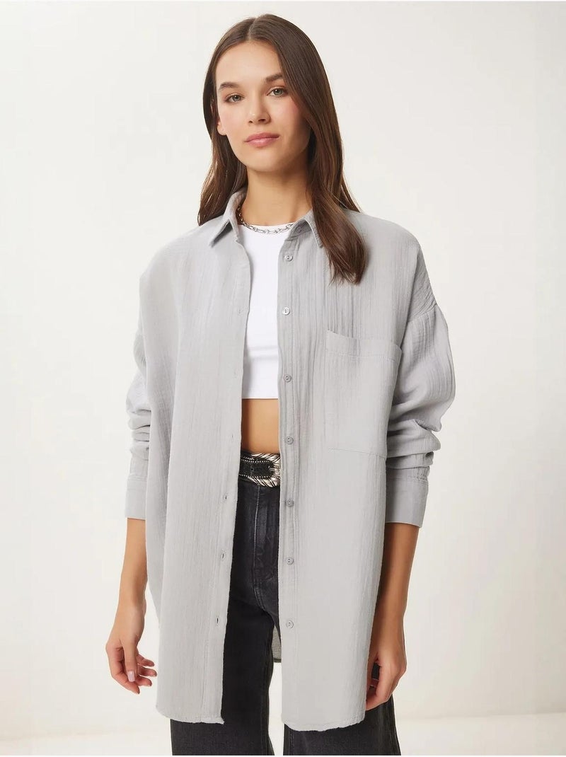 Camicia oversize in cotone testurizzato con taschino istanbul Grigio chiaro - Kiabi