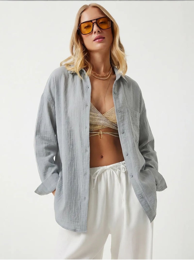 Camicia oversize in cotone testurizzato con taschino istanbul Grigio perla - Kiabi