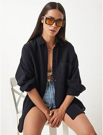 Camicia oversize in cotone testurizzato con taschino istanbul