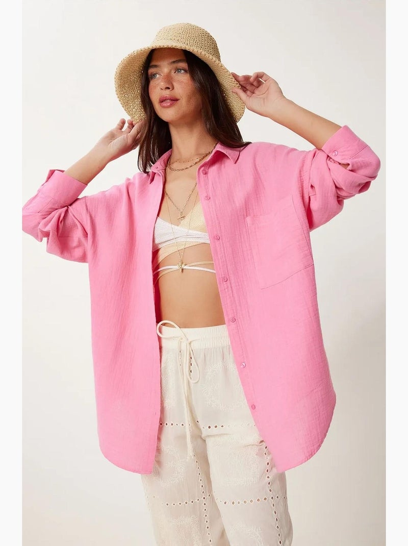 Camicia oversize in cotone testurizzato con taschino istanbul Rosa fluo/Solinotes - Kiabi