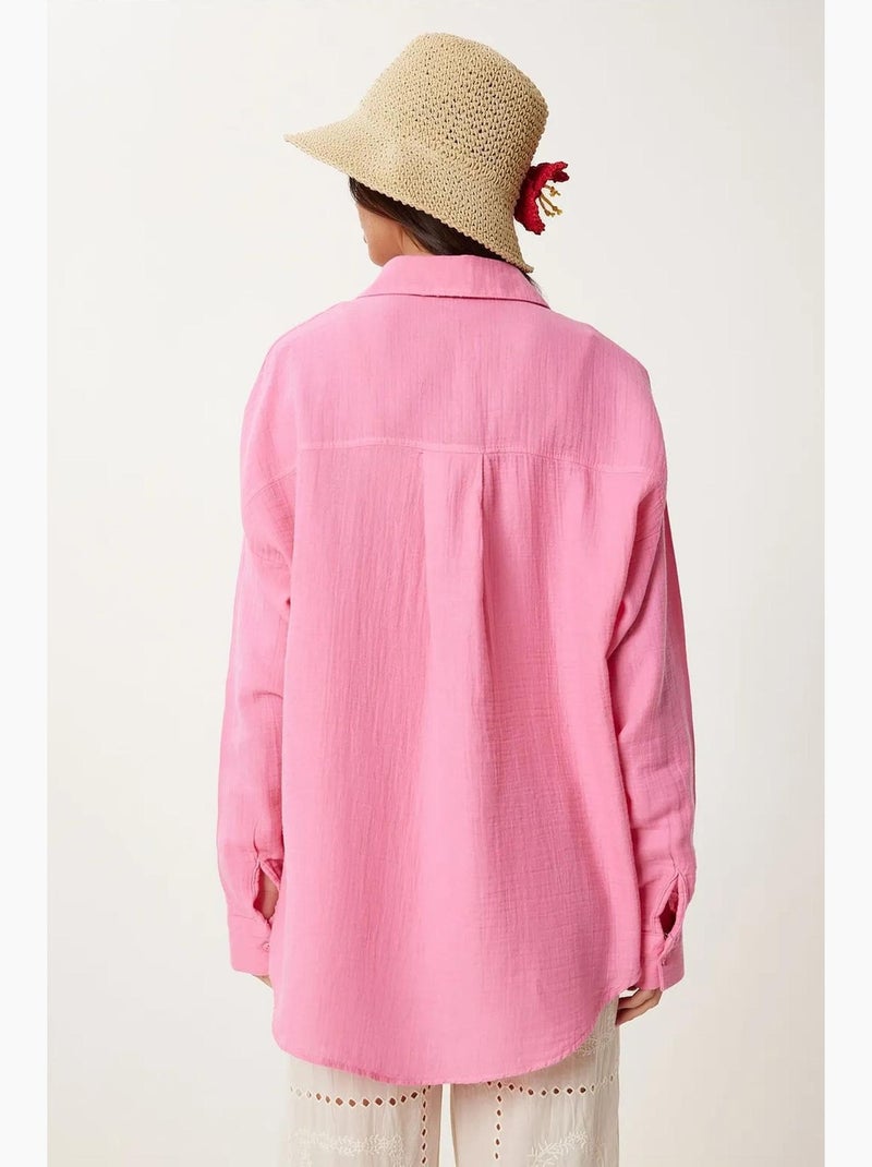 Camicia oversize in cotone testurizzato con taschino istanbul Rosa fluo/Solinotes - Kiabi