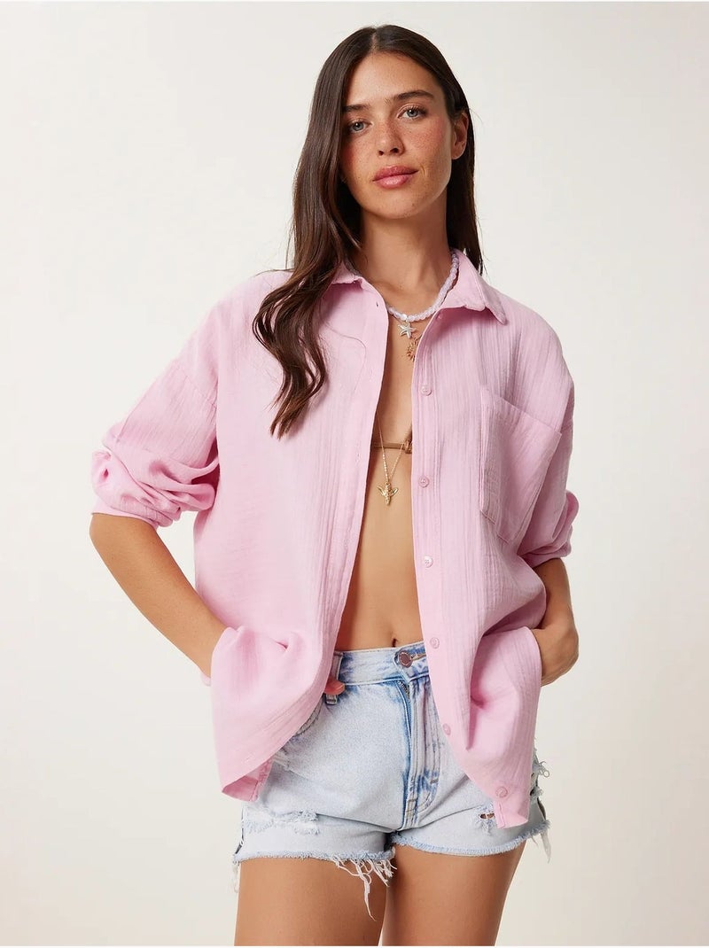 Camicia oversize in cotone testurizzato con taschino istanbul Rosa - Kiabi