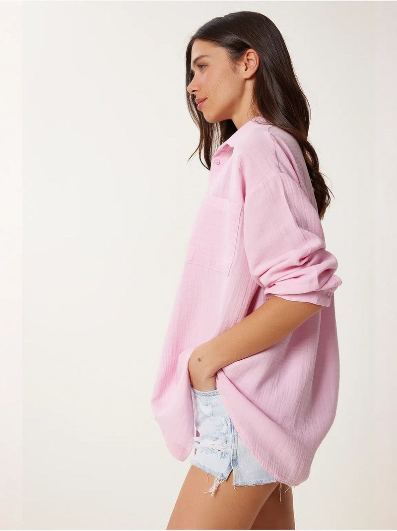 Camicia oversize in cotone testurizzato con taschino istanbul Rosa - Kiabi