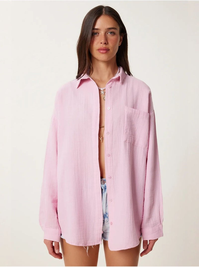 Camicia oversize in cotone testurizzato con taschino istanbul Rosa - Kiabi