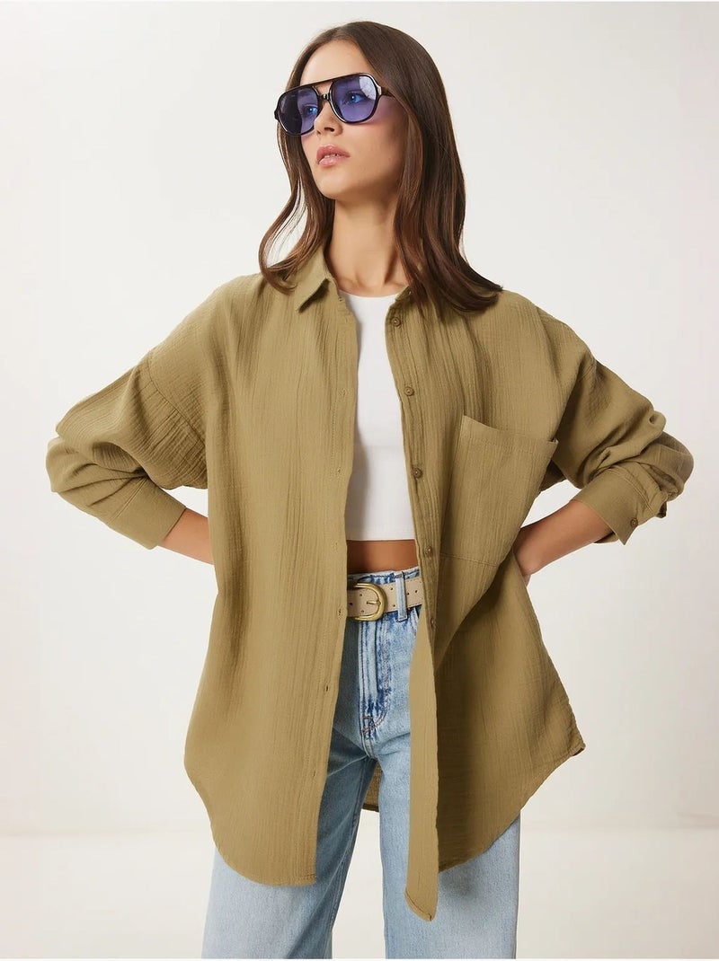 Camicia oversize in cotone testurizzato con taschino istanbul Verde kaki chiaro - Kiabi