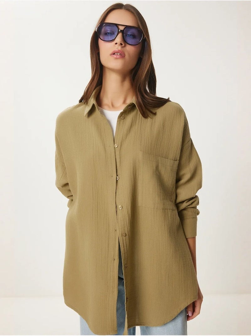 Camicia oversize in cotone testurizzato con taschino istanbul Verde kaki chiaro - Kiabi