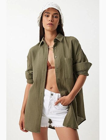 Camicia oversize in cotone testurizzato con taschino istanbul