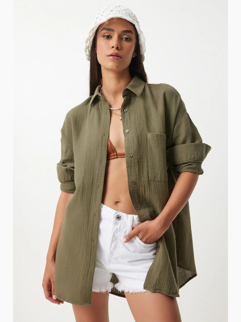 Camicia oversize in cotone testurizzato con taschino istanbul Verde kaki - Kiabi