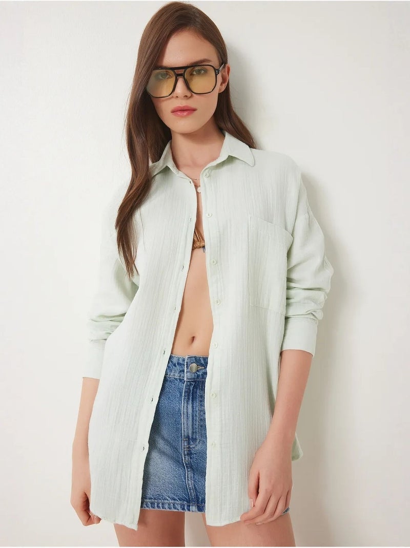 Camicia oversize in cotone testurizzato con taschino istanbul Verde menta - Kiabi