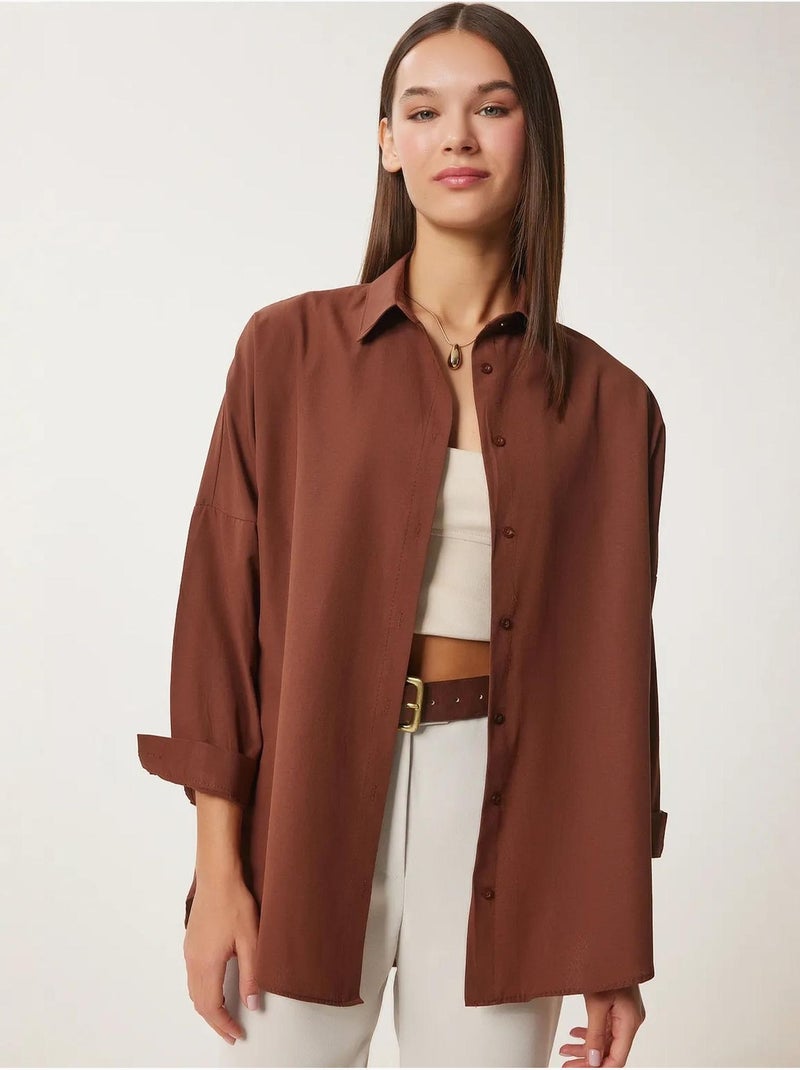 Camicia oversize in popeline con bottoni e maniche lunghe istanbul Marrone scuro - Kiabi