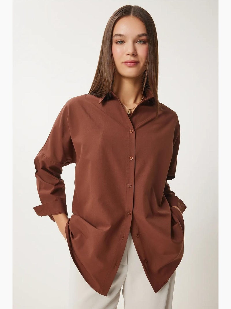 Camicia oversize in popeline con bottoni e maniche lunghe istanbul Marrone scuro - Kiabi