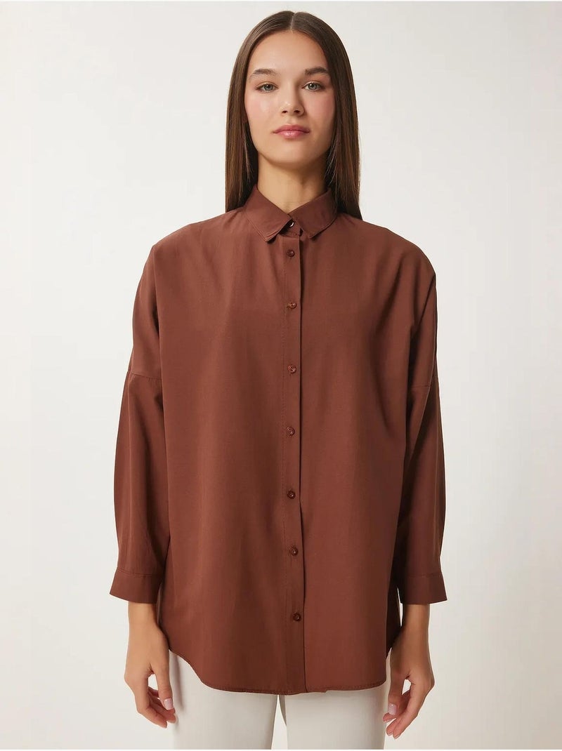Camicia oversize in popeline con bottoni e maniche lunghe istanbul Marrone scuro - Kiabi