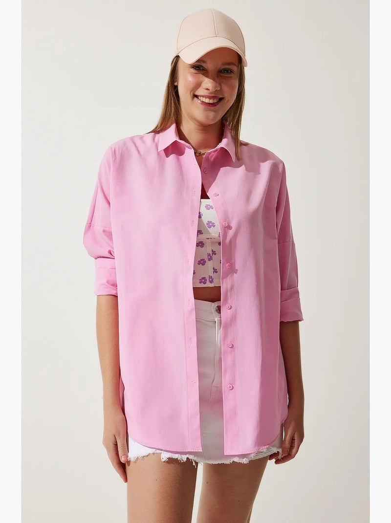 Camicia oversize in popeline con bottoni e maniche lunghe istanbul Rosa fluo/Solinotes - Kiabi