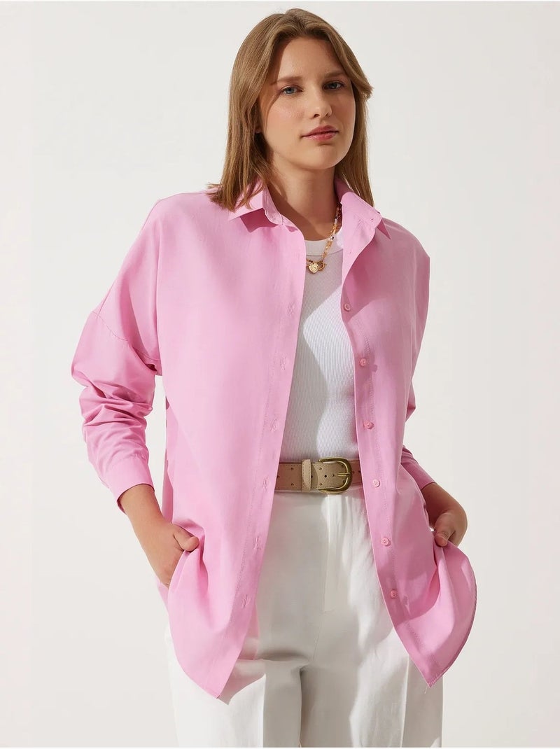 Camicia oversize in popeline con bottoni e maniche lunghe istanbul Rosa fluo/Solinotes - Kiabi
