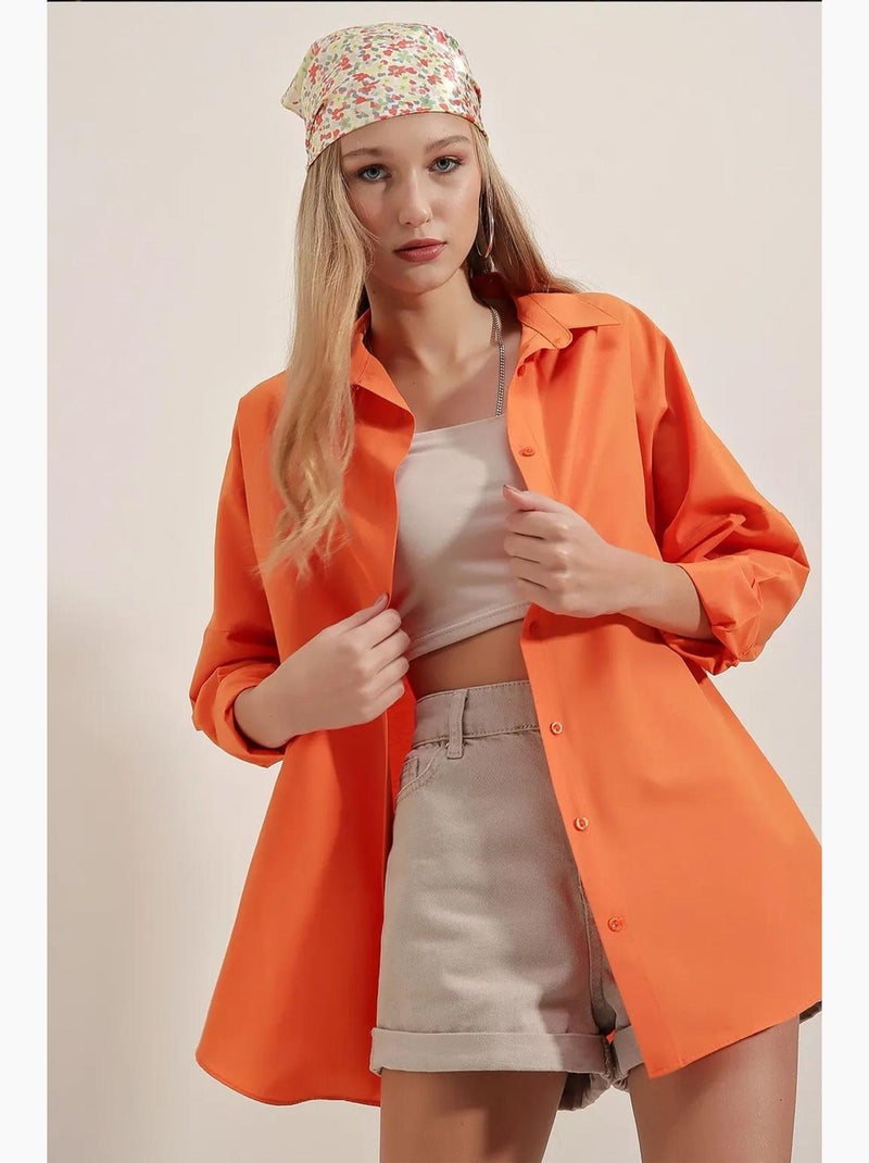 Camicia oversize in popeline con motivo e bottoni bdart Arancione - Kiabi
